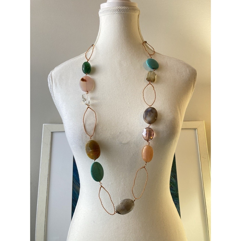 Handmade Beaded Necklace Copper Tone Oval Stones Statement Long Multicolor